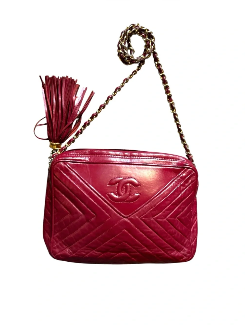 Vintage CHANEL Chevron Lambskin Tassel Camera Bag Red Gold HW 0-Series 1986-1988